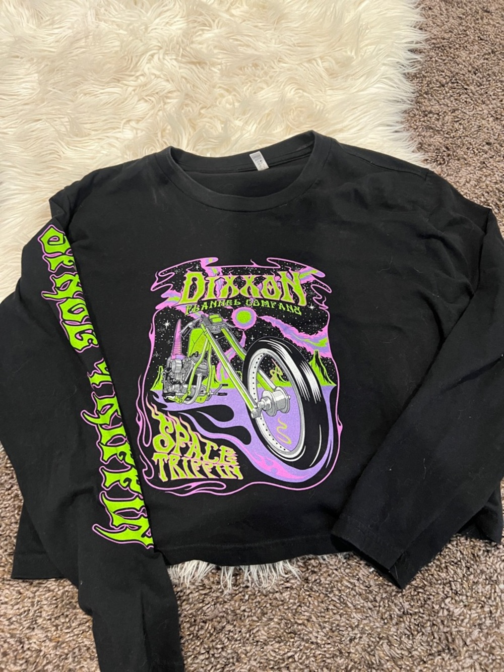 DIXXON Black Long Sleeve Tee with Neon Purple & Lime Motorcycle Graphic
